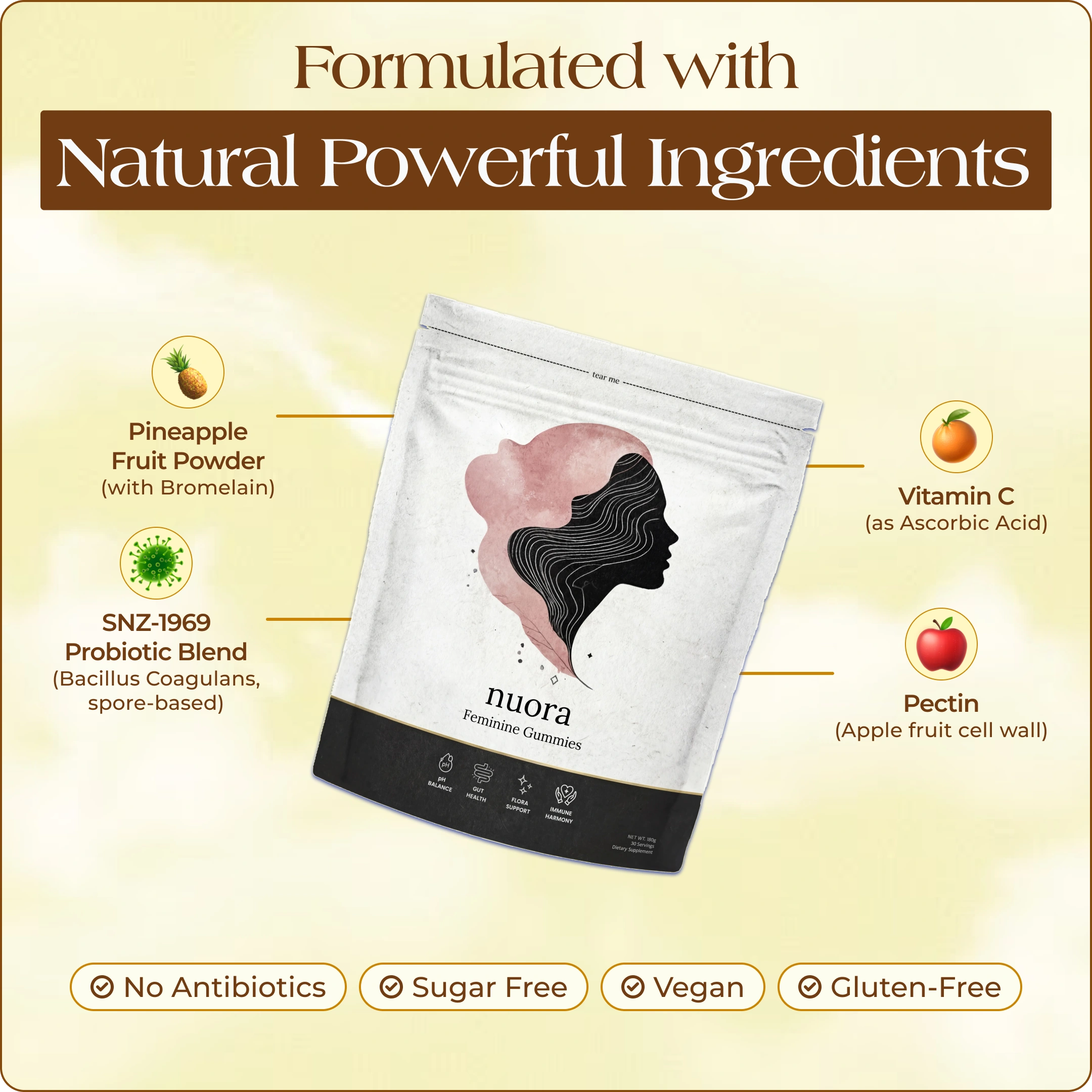 An advertisement for Nuora Feminine Gummies, listing its natural ingredients like pineapple, probiotics, Vitamin C, and pectin.