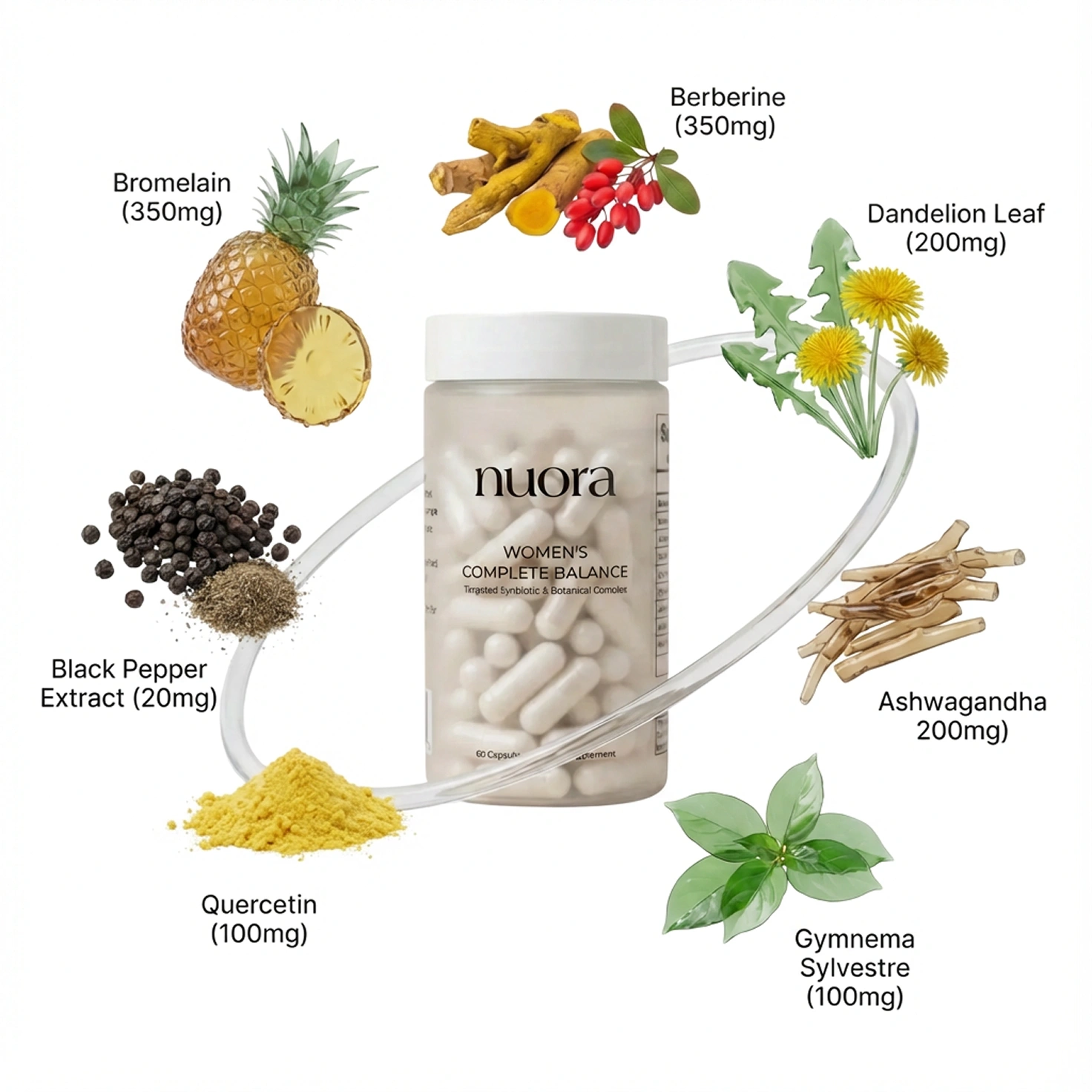 A bottle of Nuora Women's Complete Balance supplements sits amongst pineapples, dandelions, and botanical roots on marble.