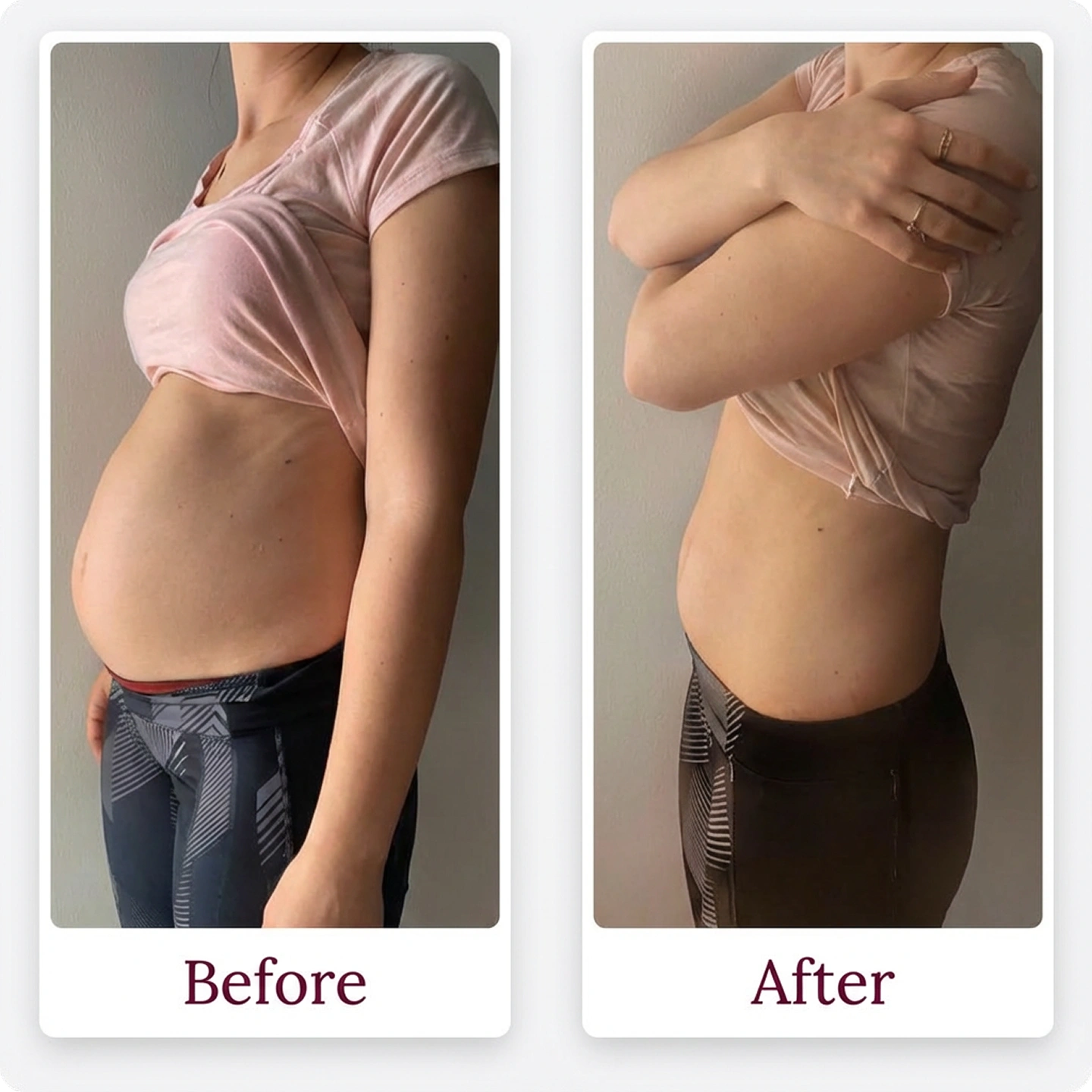 Before and After photo showing woman's midsection from side angle wearing pink top and dark leggings