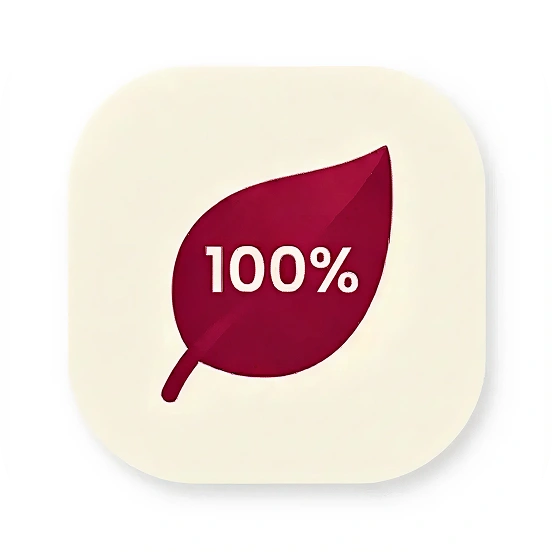 Leaf icon with 100% label in maroon on cream background