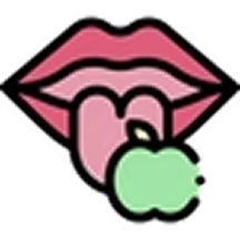 Illustration of lips with a tongue and a bitten apple.