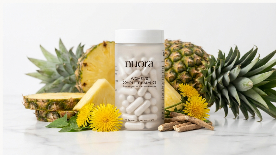 A bottle of Nuora Women's Complete Balance supplements sits amongst pineapples, dandelions, and botanical roots on marble.