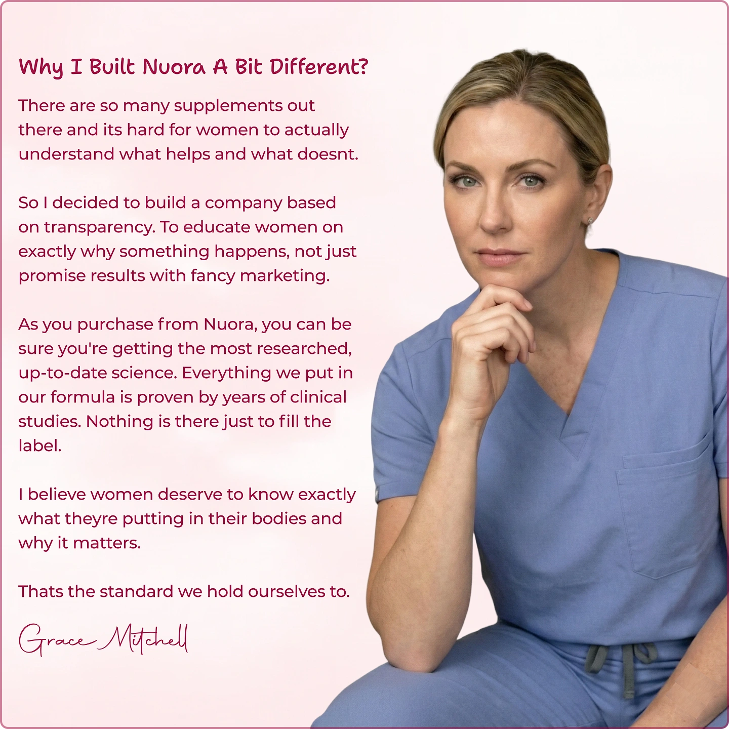 Woman in blue scrubs sitting beside text about transparency in supplements.