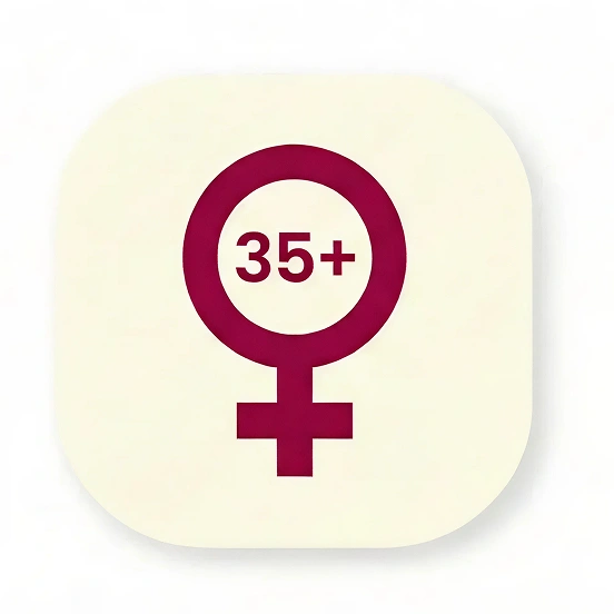 Symbol of Venus with '35+' inside on a beige background.