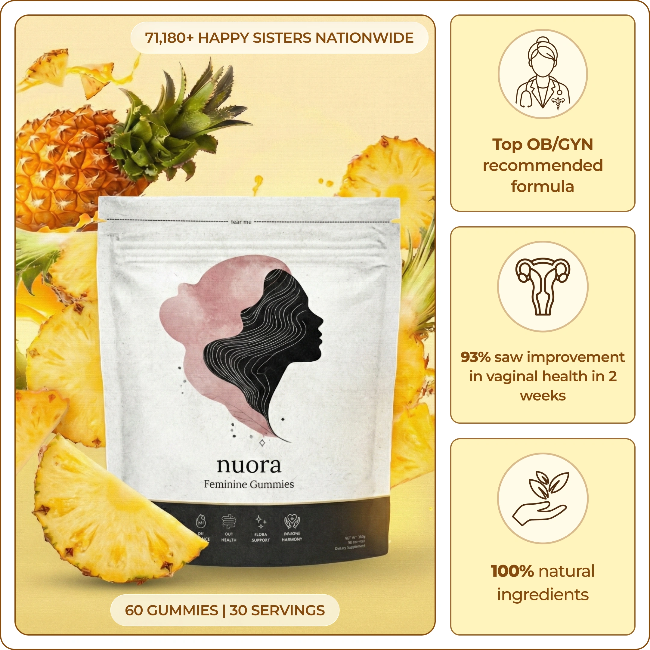 An advertisement for Nuora Feminine Gummies featuring the product pouch surrounded by pineapples and listing its benefits.