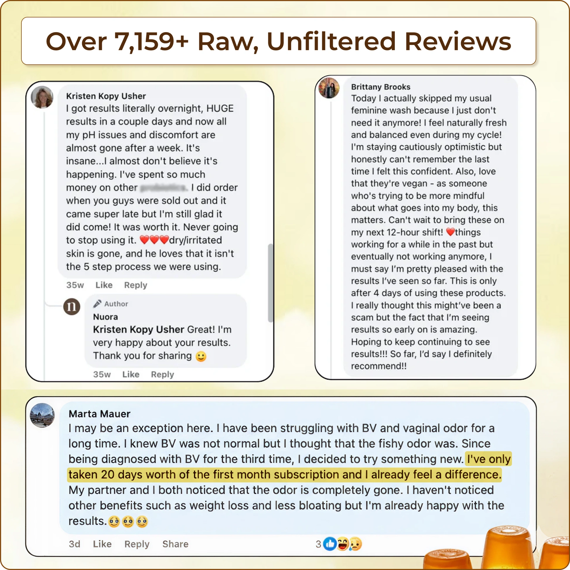 An image with the heading 'Over 7,159+ Raw, Unfiltered Reviews' showing three positive customer testimonials from social media.