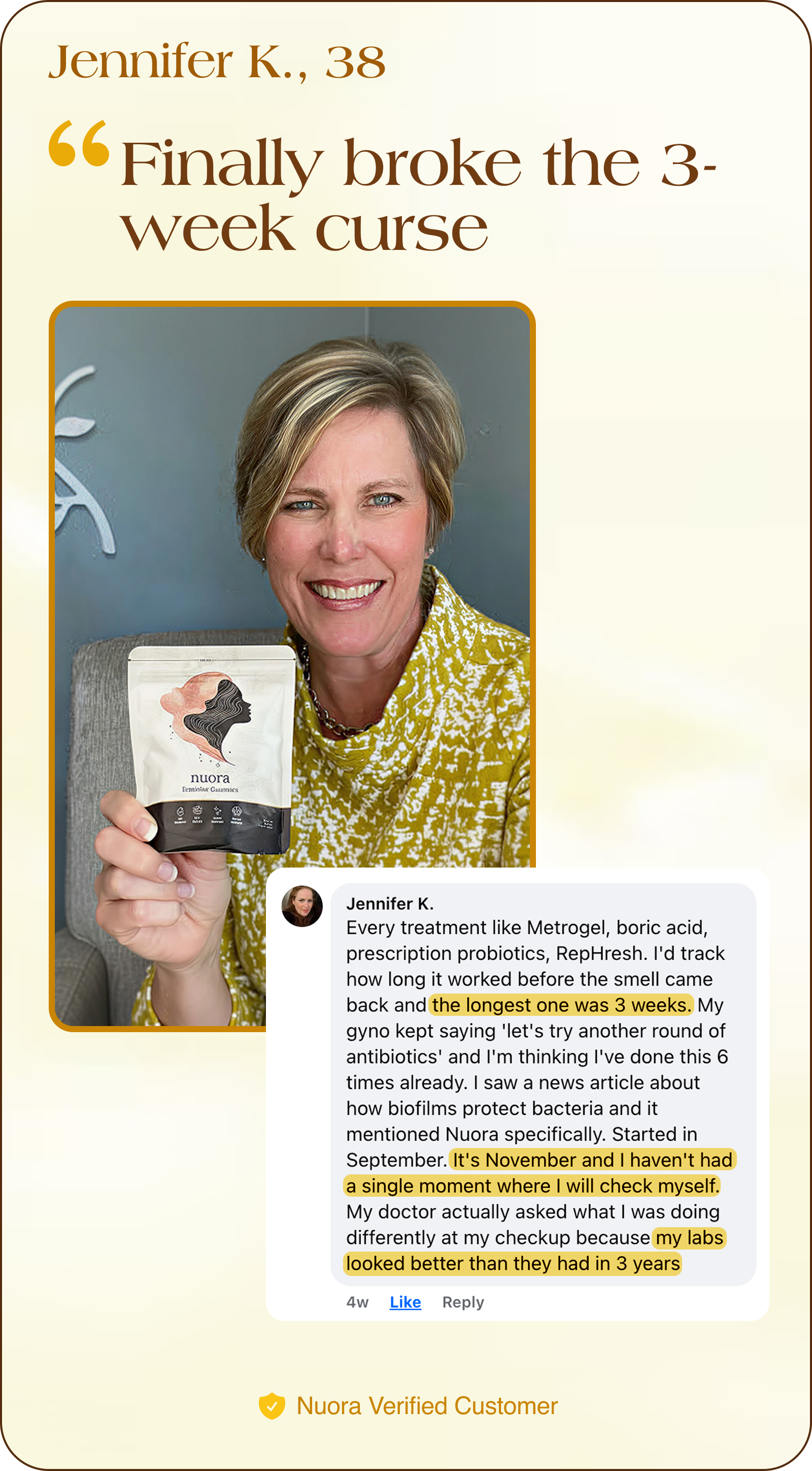 A woman smiling, holding a Nuora product with a testimonial text overlay.