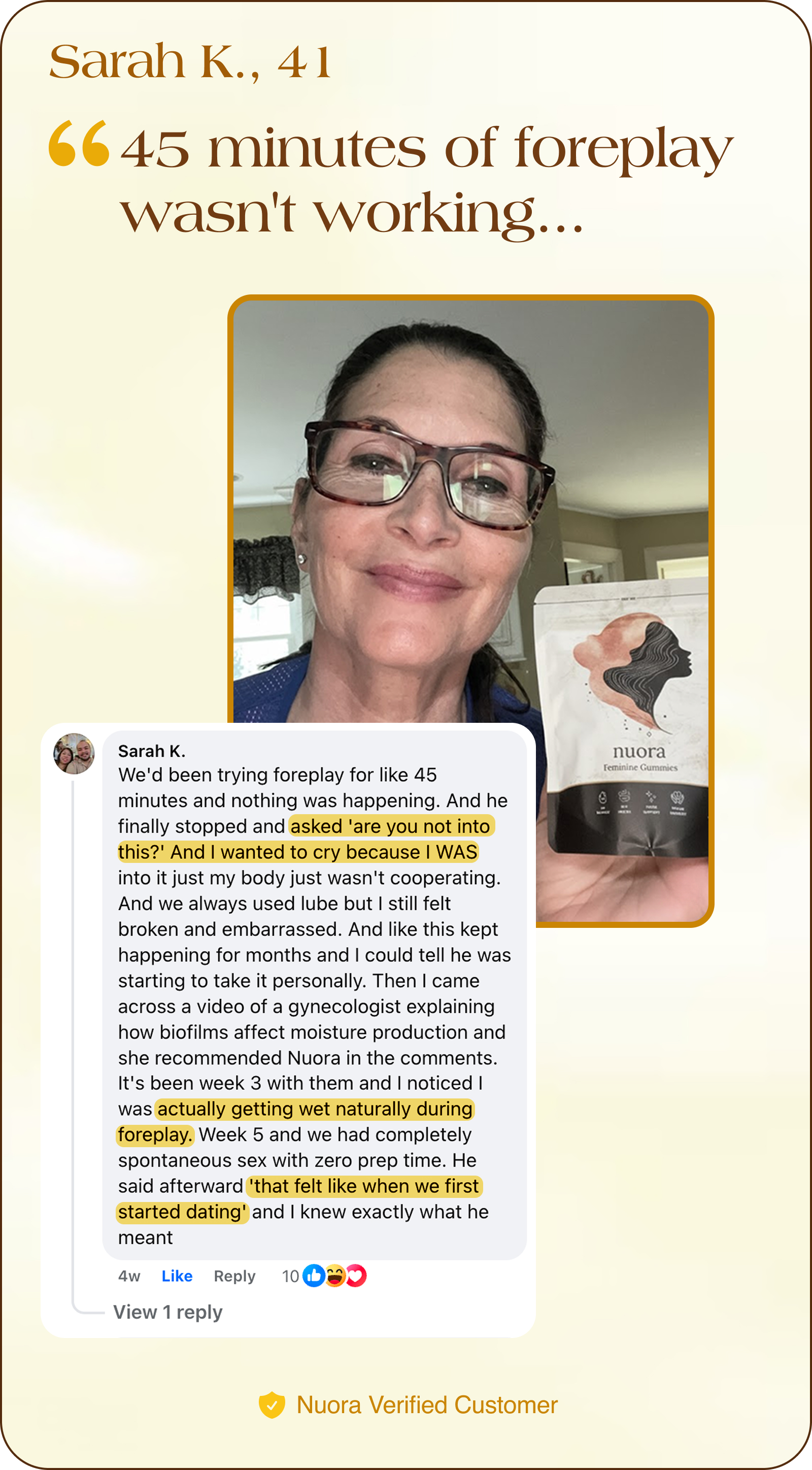 Woman holding a product with testimonial about its effectiveness.
