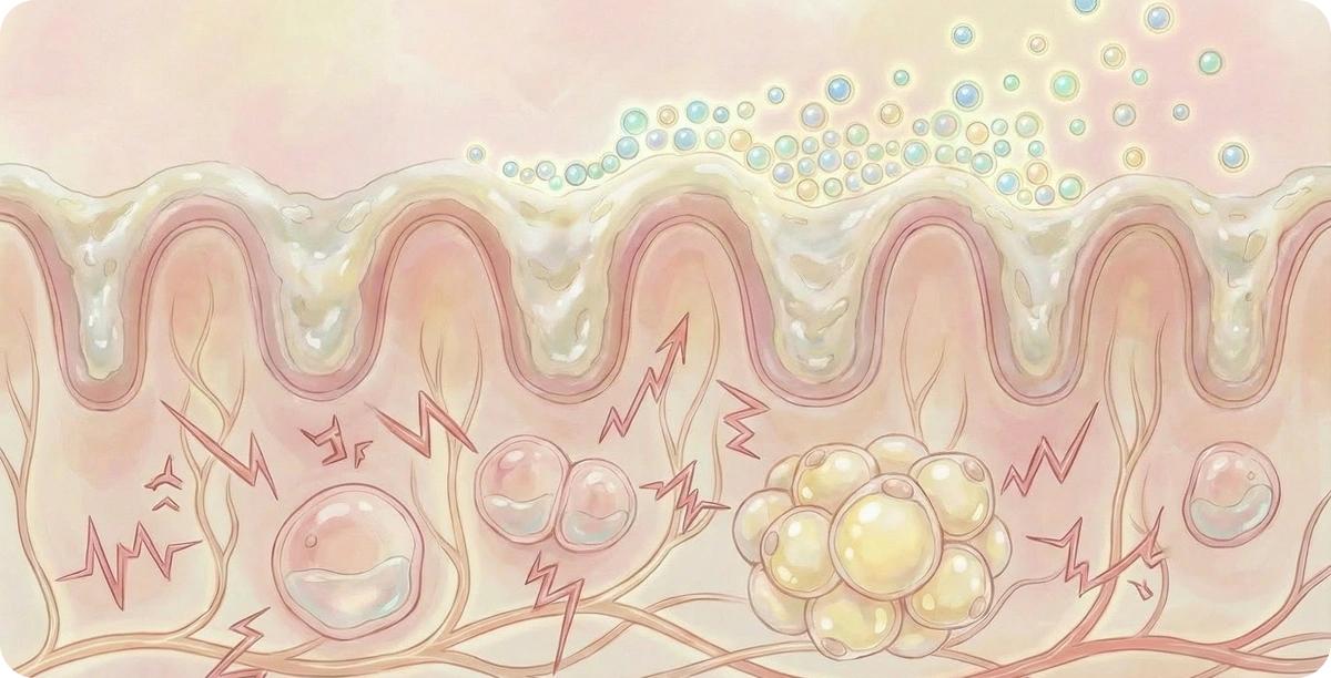 Cross-sectional diagram of gut lining showing biofilm accumulation and compromised intestinal villi