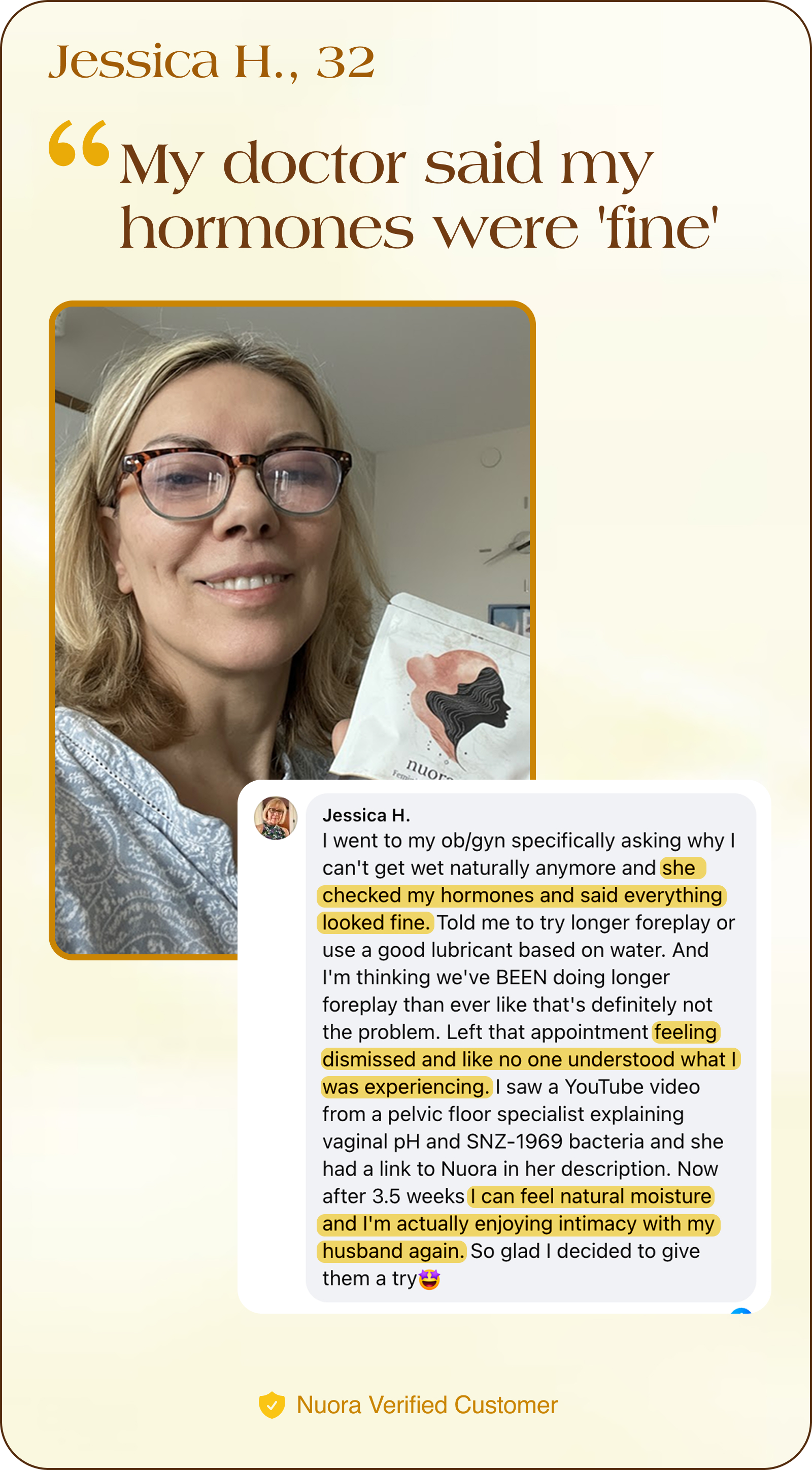 Person smiling holding a product package, with a testimonial about hormone advice.