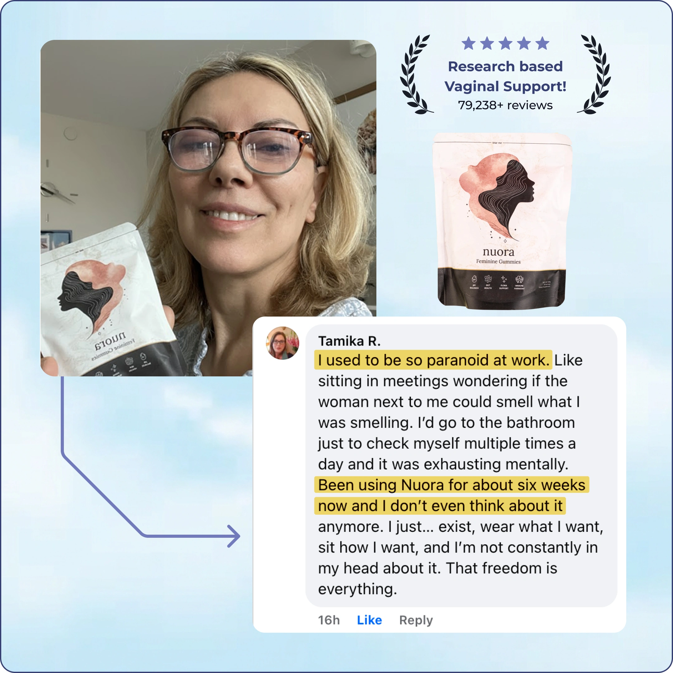 A woman holding Nuora Feminine Gummies, next to a product shot and a positive customer testimonial.