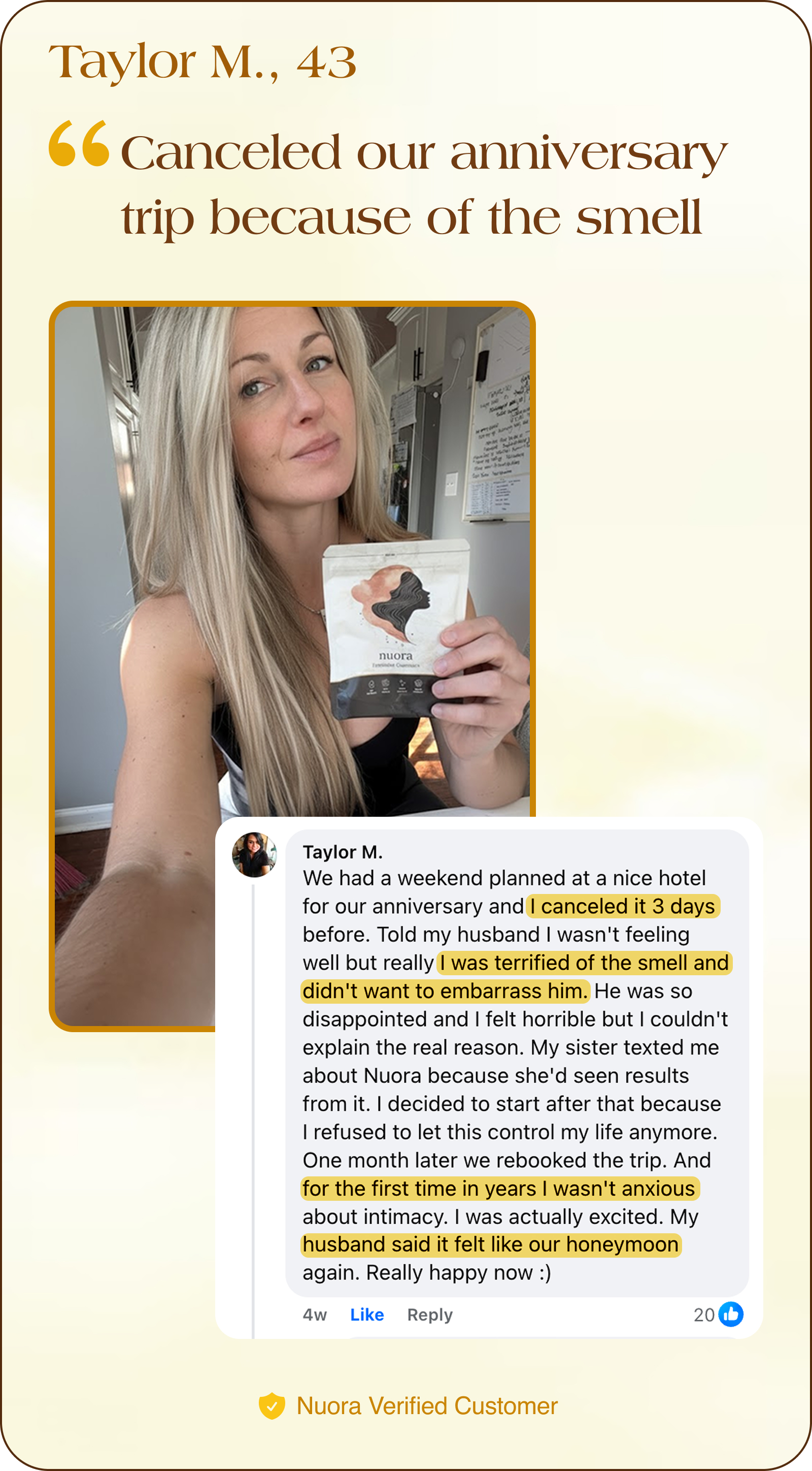 Woman holding a Nuora product with testimonial text about an anniversary trip.