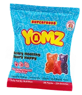 A blue bag of YOMZ Superfoods gummy bear candies.