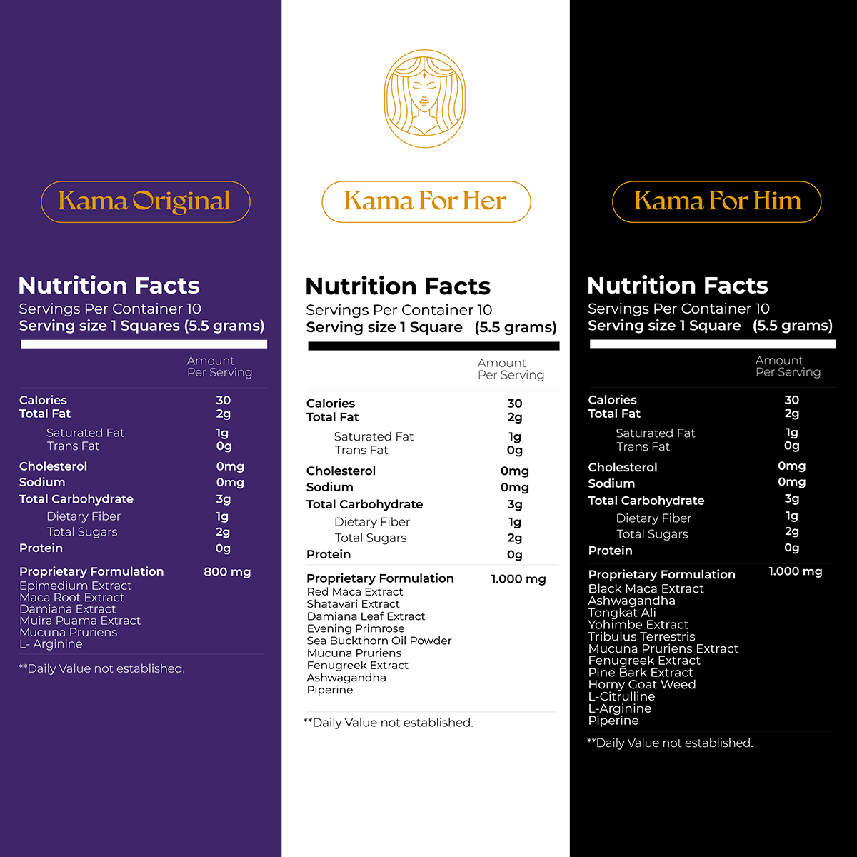 Three packages of Kama euphorics chocolate with a chocolate bar.