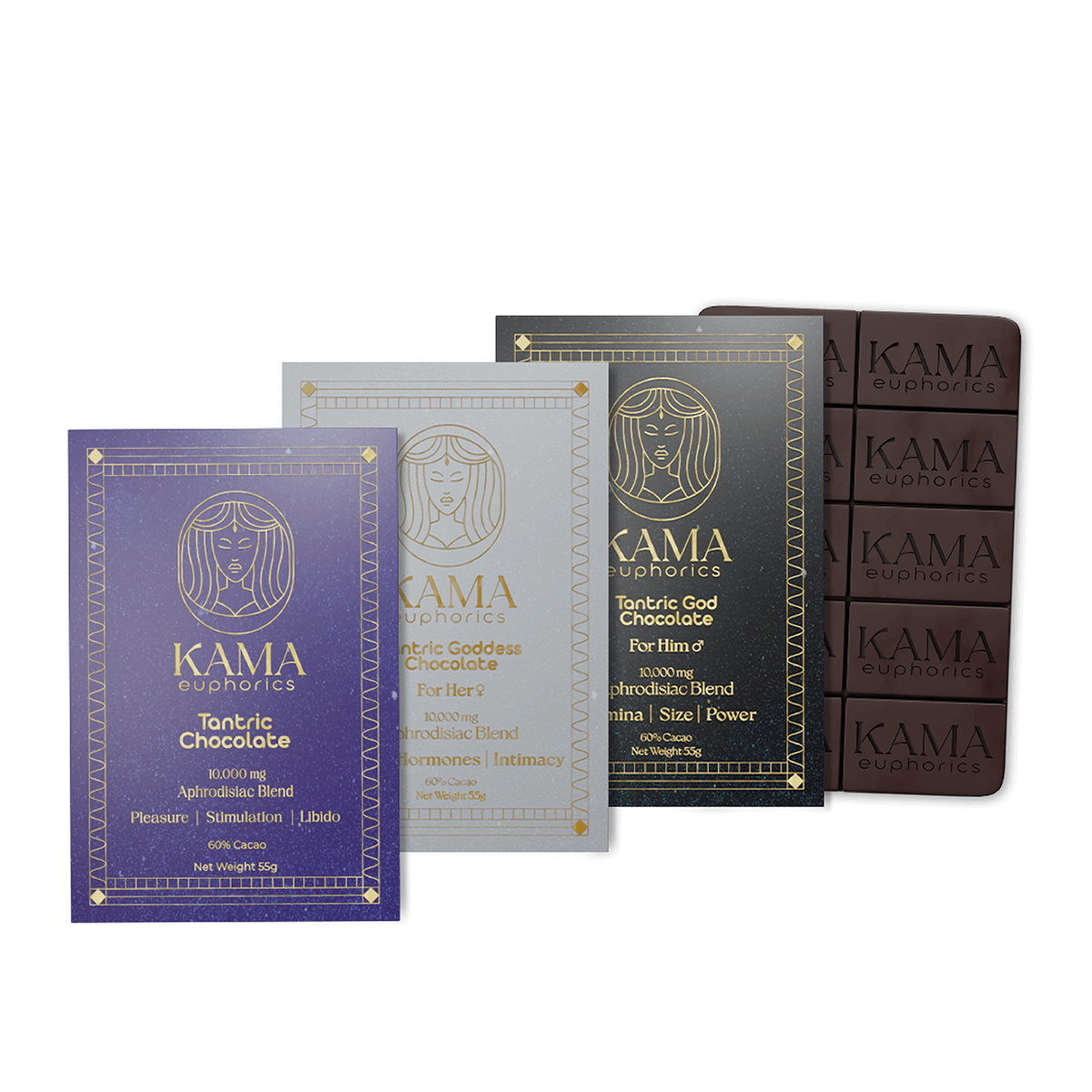 Three packages of Kama euphorics chocolate with a chocolate bar.