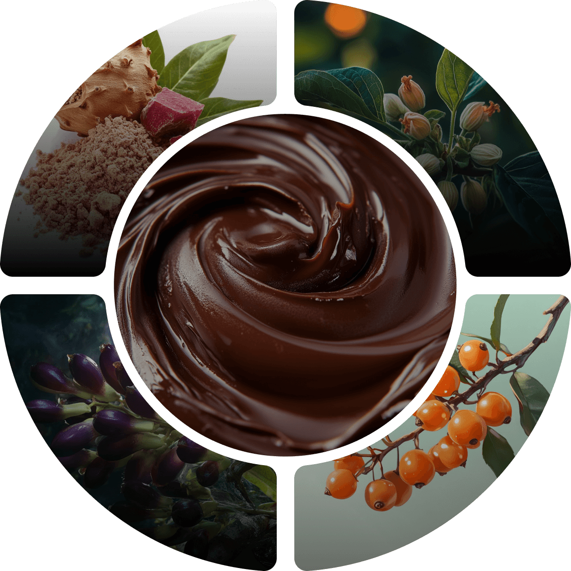 Circular collage with chocolate swirl and various plants.
