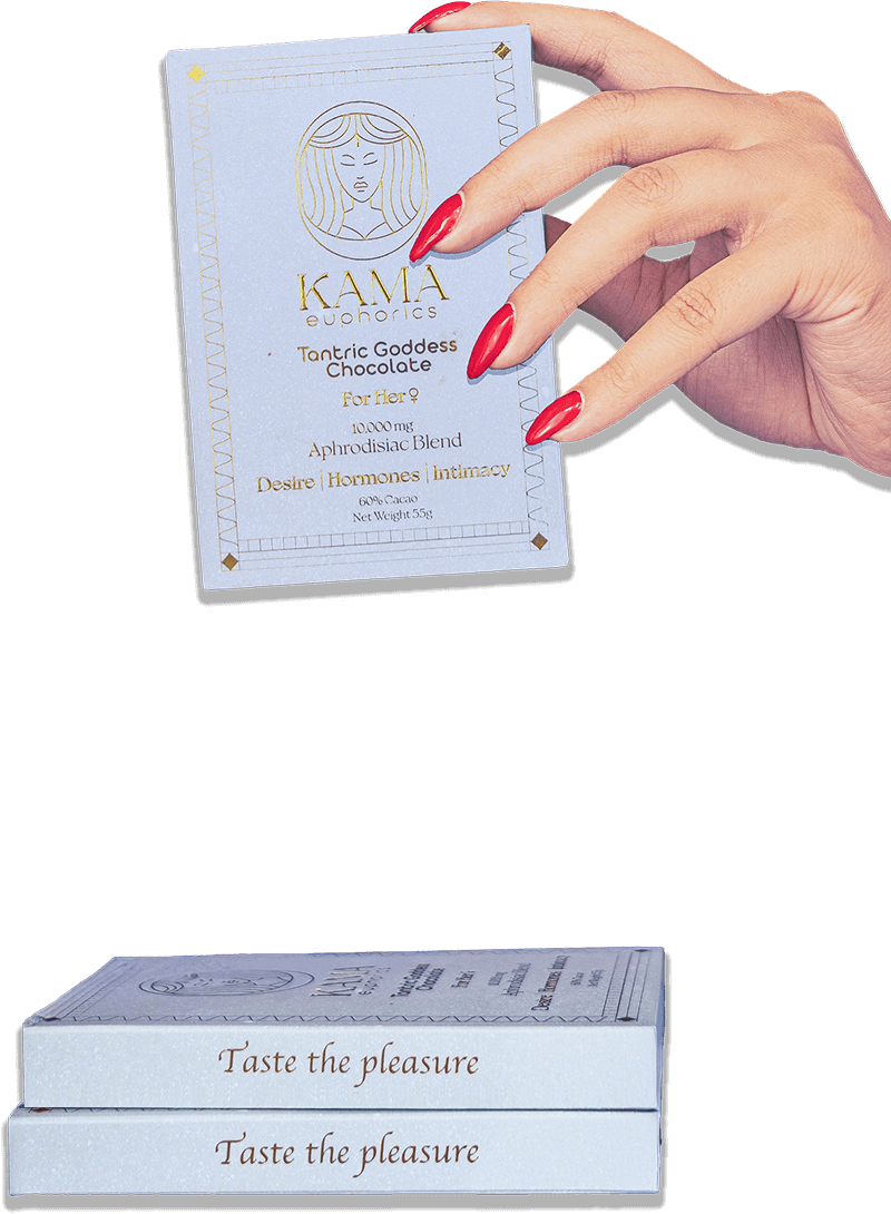 Hand holding a box of 'Kama Euphorics' chocolate with red nails.