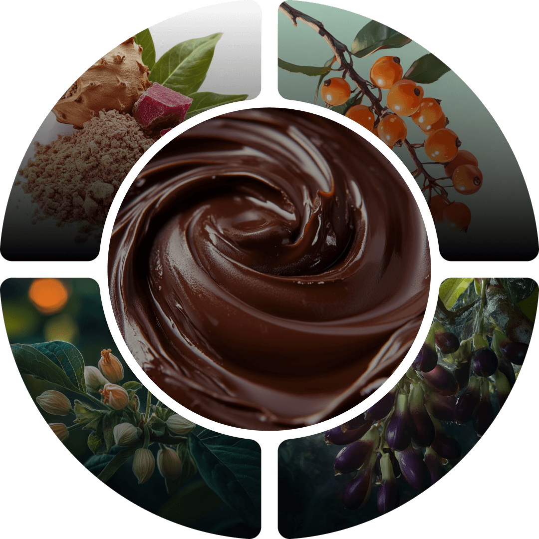 Collage of chocolate swirl and various plants and berries.
