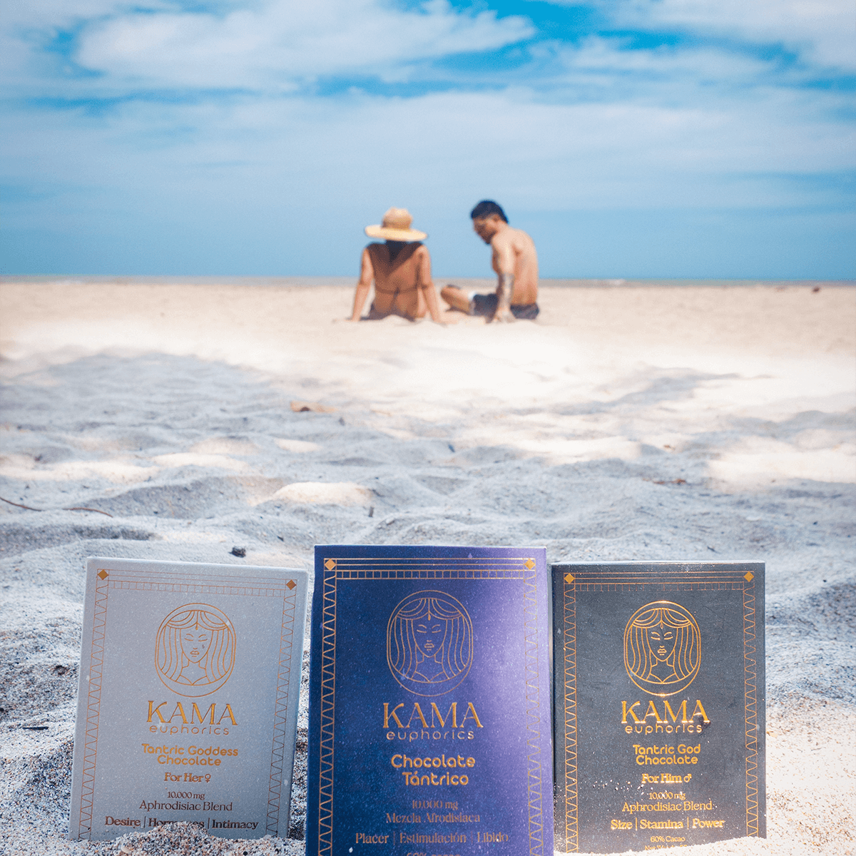 Three packages of Kama euphorics chocolate with a chocolate bar.