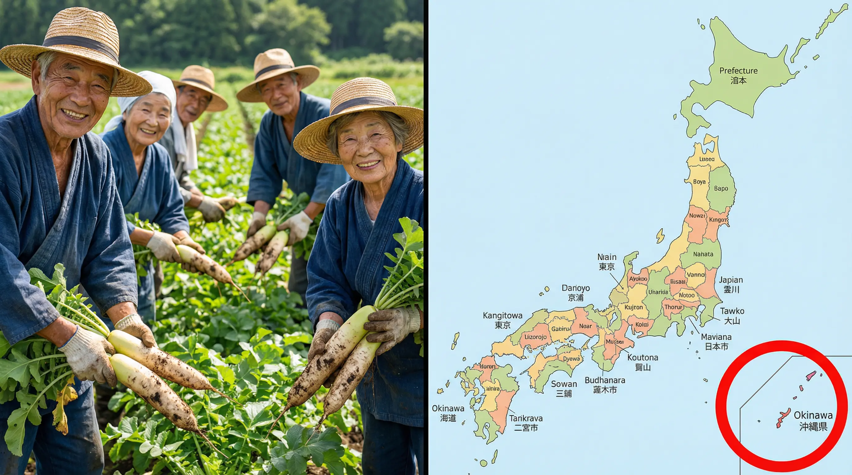 Farmers in a field with radishes next to a map of Japan highlighting Okinawa.