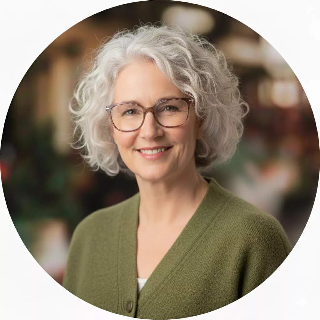Smiling person with curly gray hair and glasses in a green sweater.