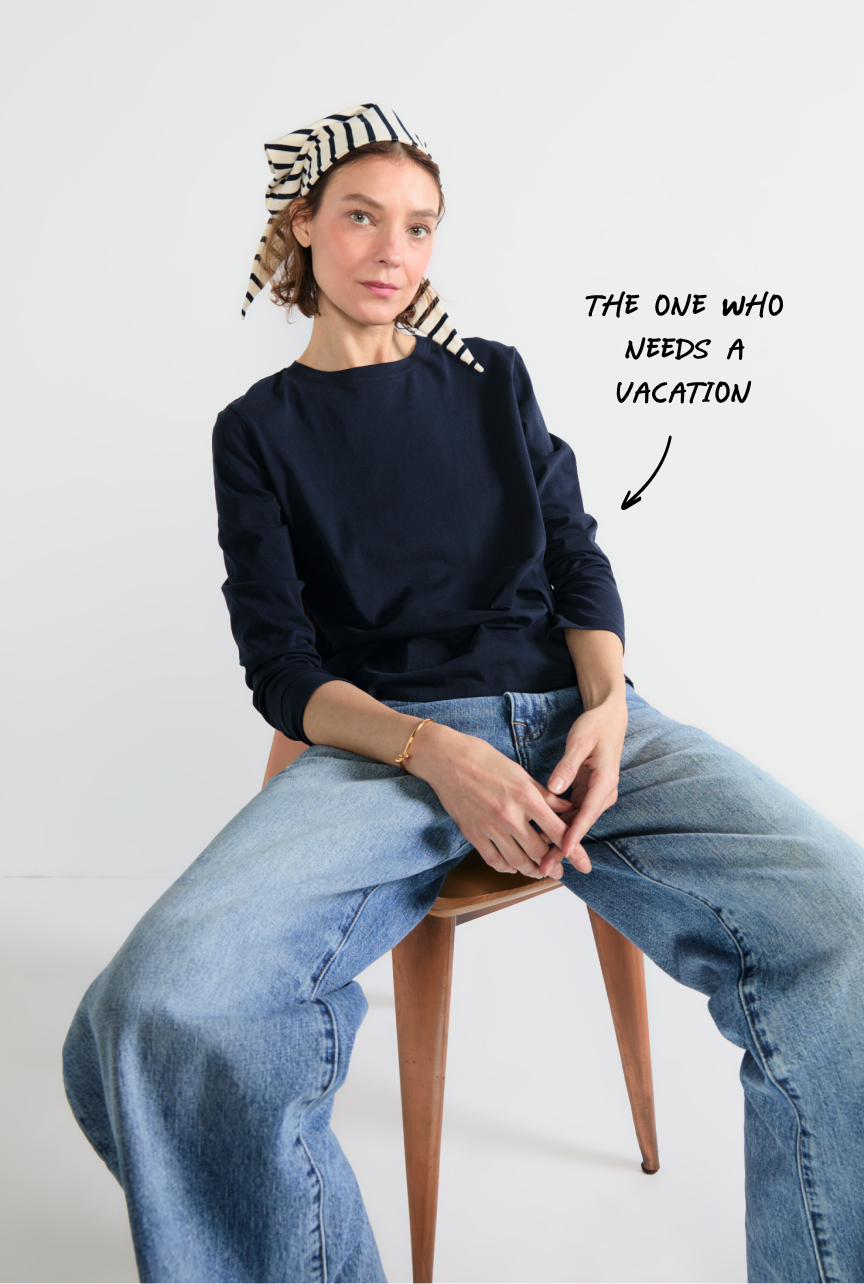 The one who needs a vacation, wearing the Modern Long in Navy