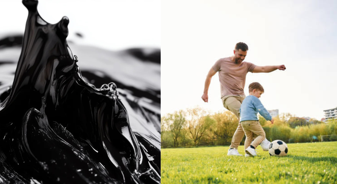 Split image: black liquid texture and man playing soccer with child on grass.