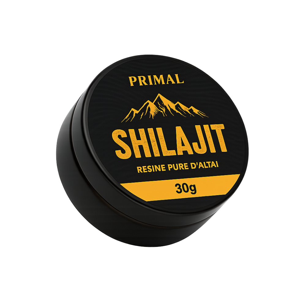 Black container labeled 'Primal Shilajit, Resine Pure D'Altai, 30g' with mountain graphic.