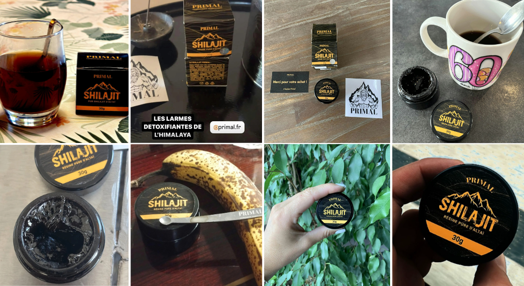 Collage of Primal Shilajit resin containers and related items.