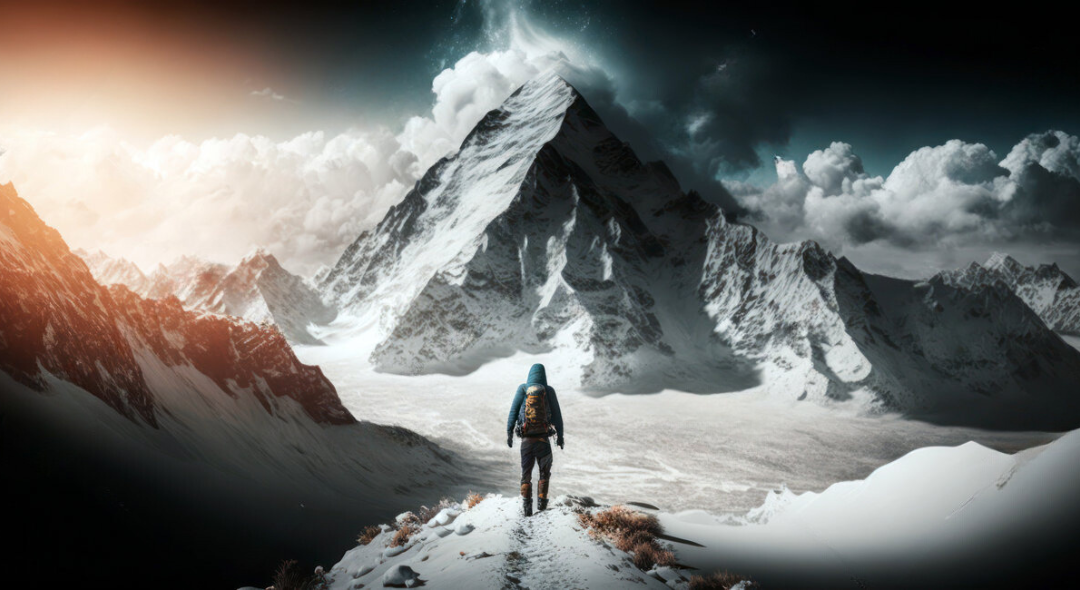 Person in winter gear facing a snowy mountain under a dramatic sky.