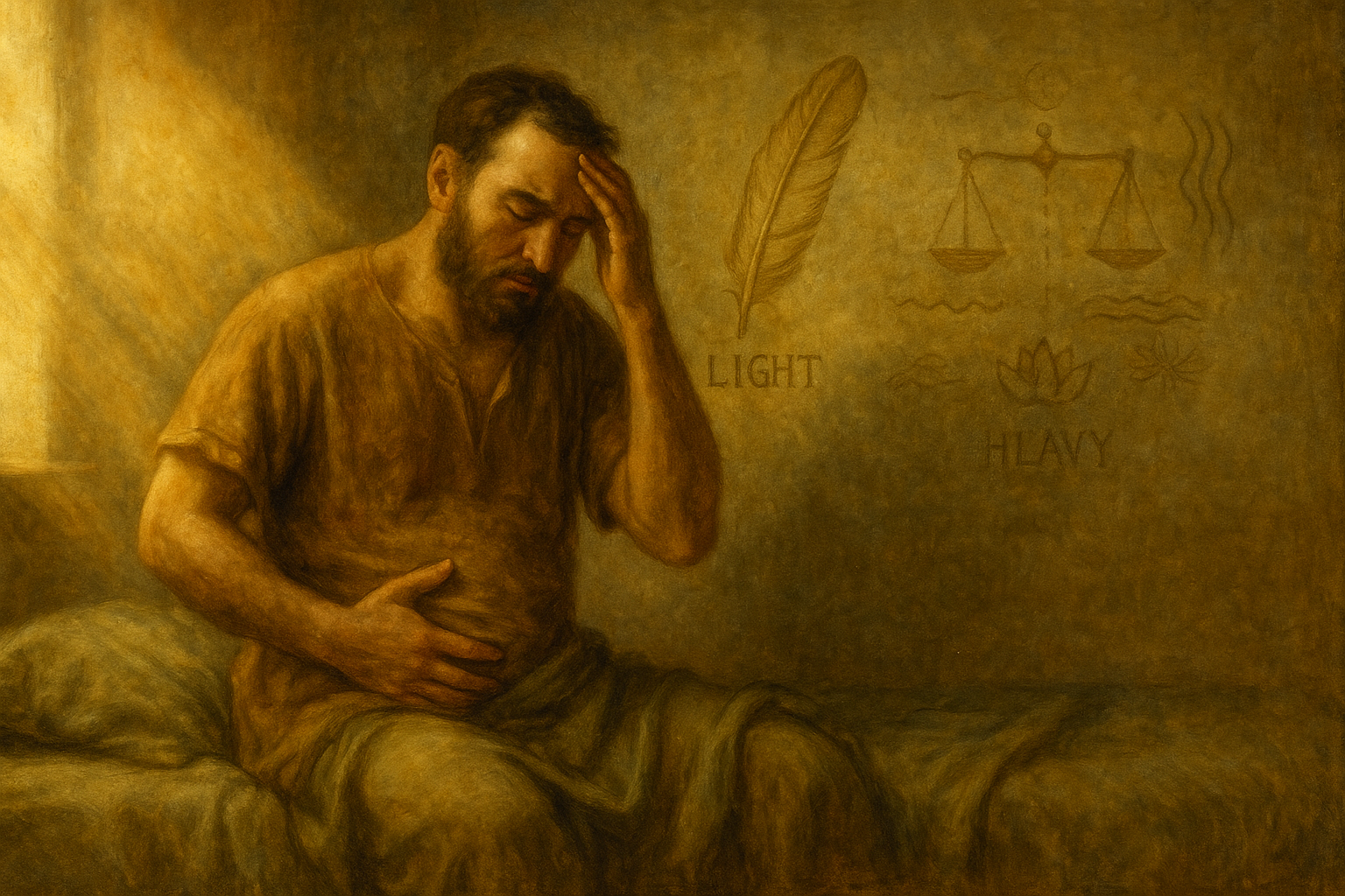 A man sitting in bed, holding his head and stomach, with feather and scales symbols on the wall.