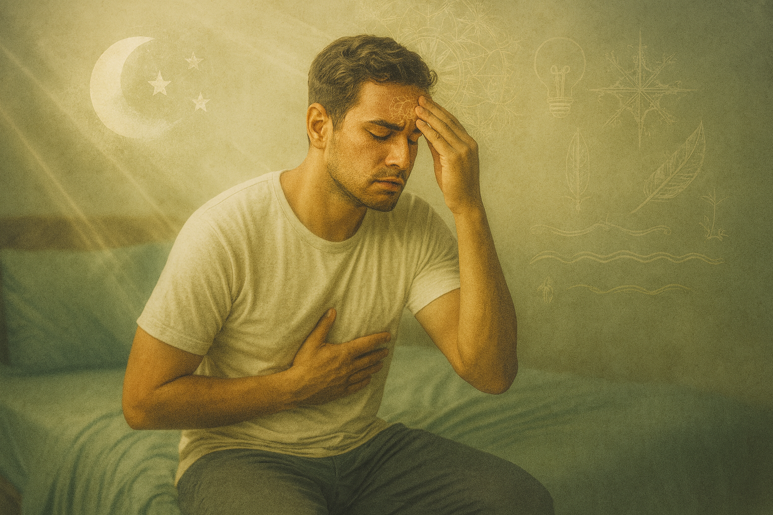 Man sitting on bed, holding head and chest, with symbols in background.