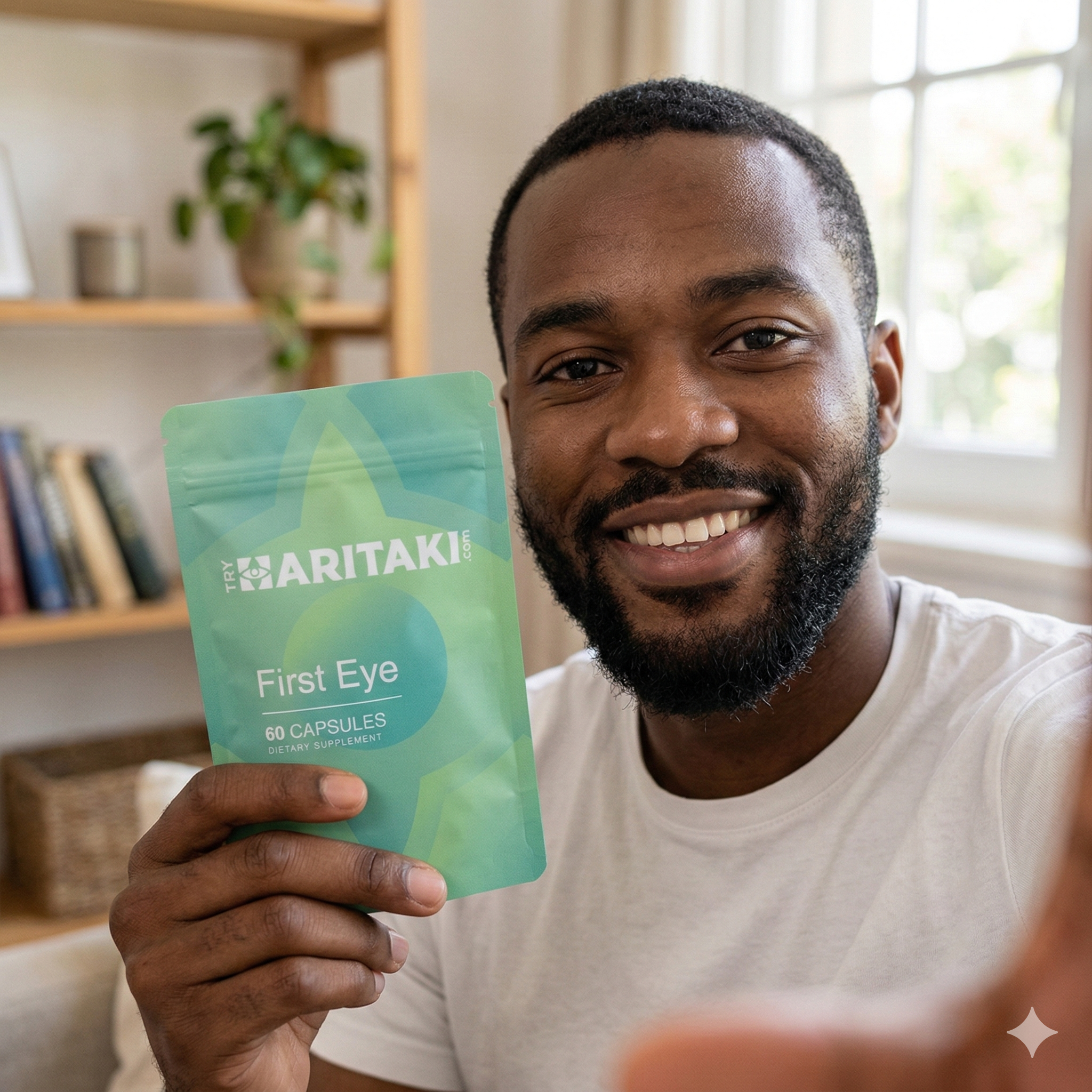 A smiling man holds up a green pouch of 'First Eye' dietary supplement while taking a selfie.