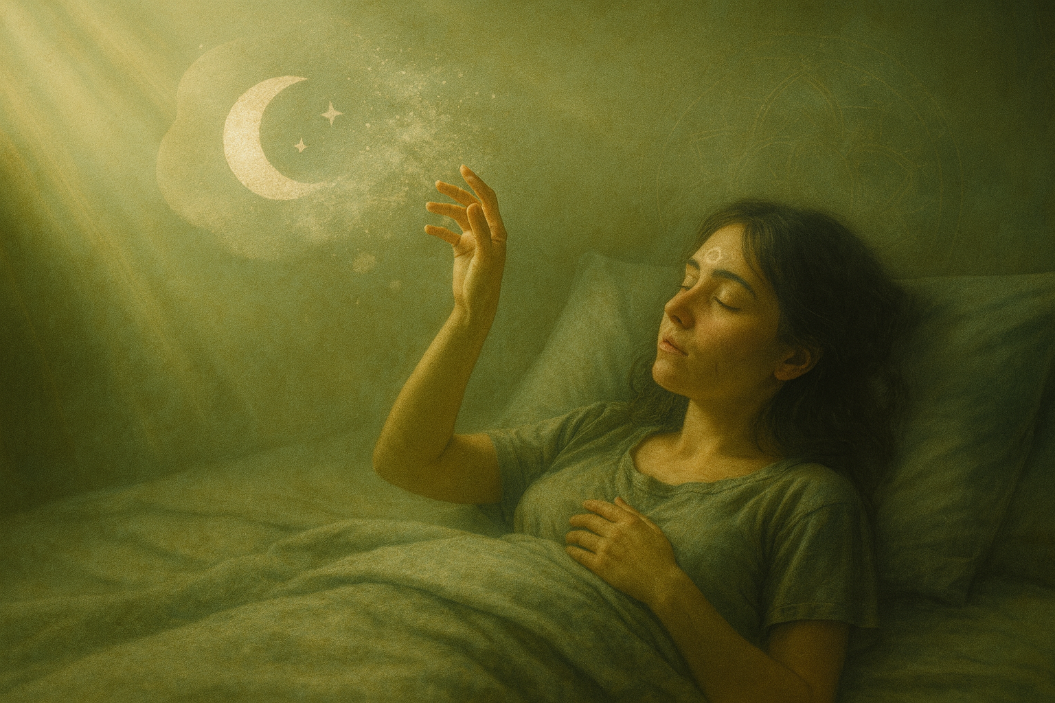 Woman in bed, raising hand towards a glowing crescent moon and stars.
