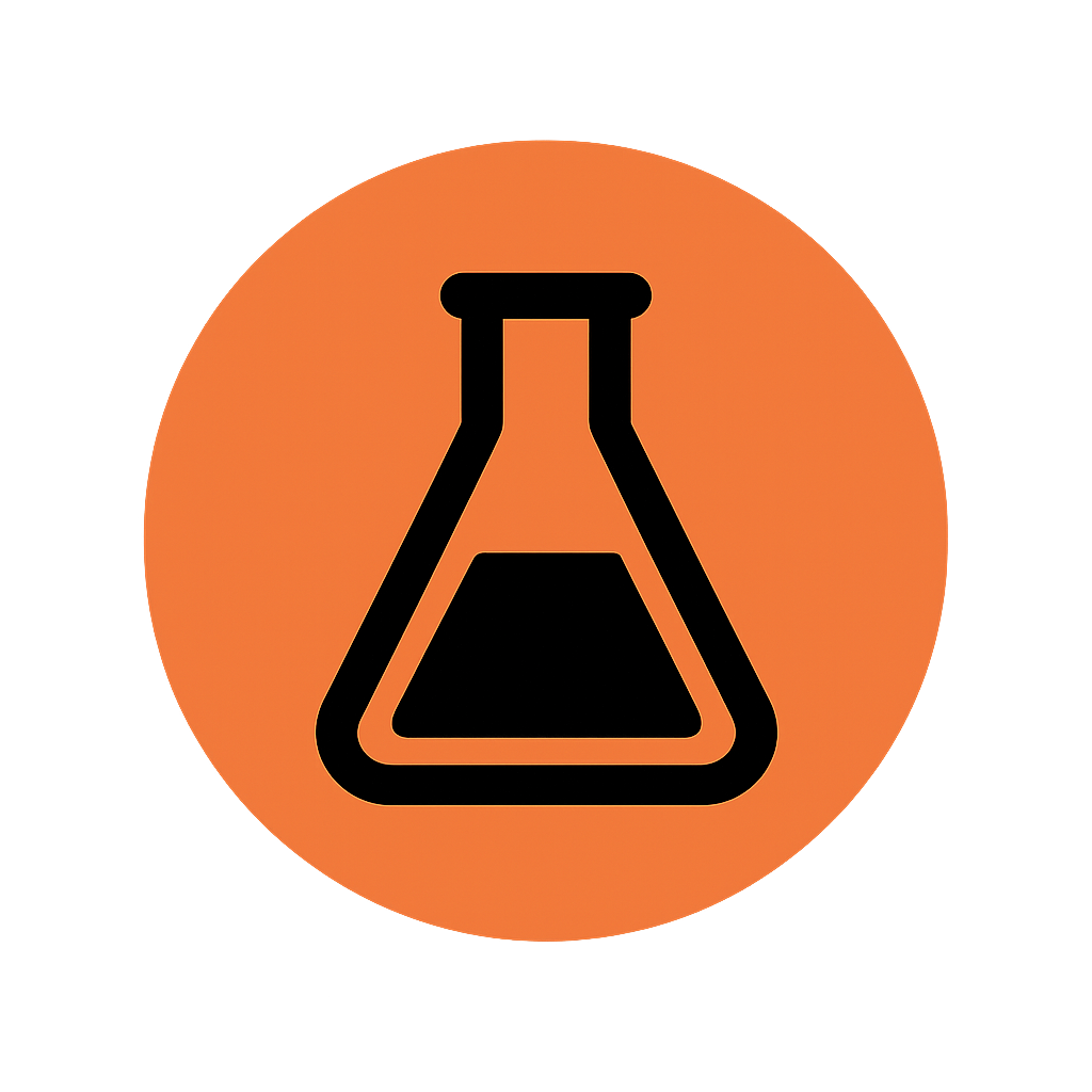 Silhouette of a laboratory flask on an orange circular background.