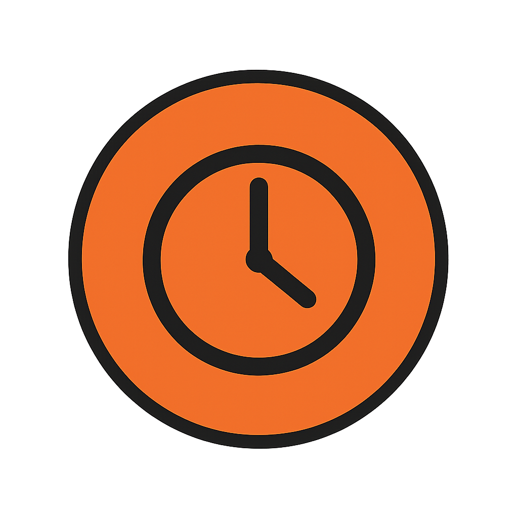 Orange clock icon with black hands and border on a dark background.
