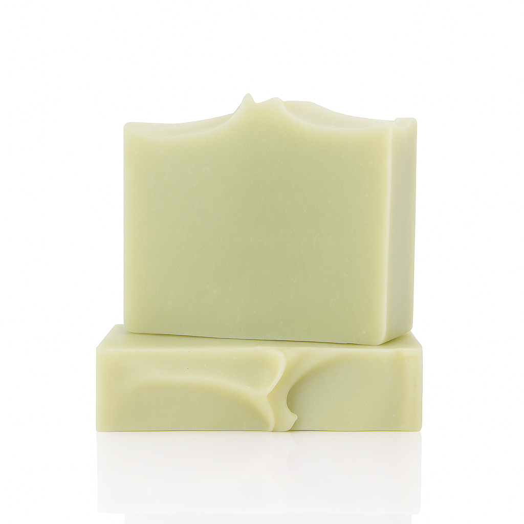 Two stacked bars of light green soap against a white background.