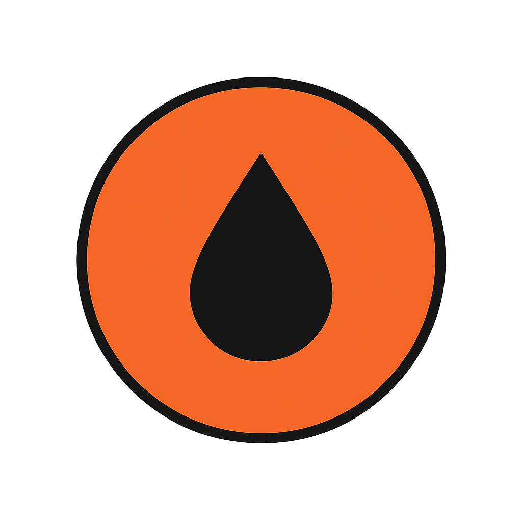 Orange circle with black teardrop shape in center on a dark background.