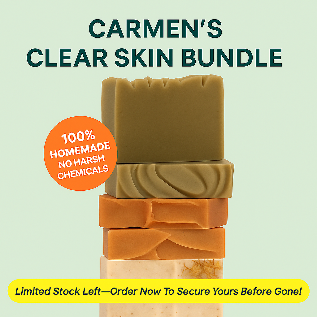 Stacked bars of colorful soap with text promoting homemade chemical-free skincare.