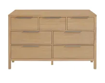 A light-colored wooden dresser with seven drawers and thin metal handles, on a white background.