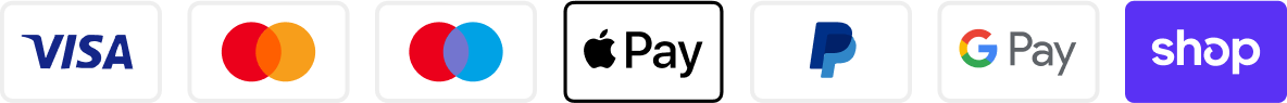 Payment options including Visa, Mastercard, Apple Pay, PayPal, Google Pay, and Shop.