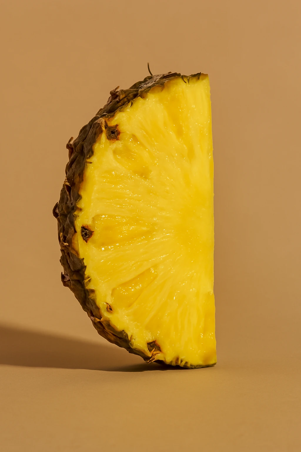Half a pineapple standing upright on a beige background.