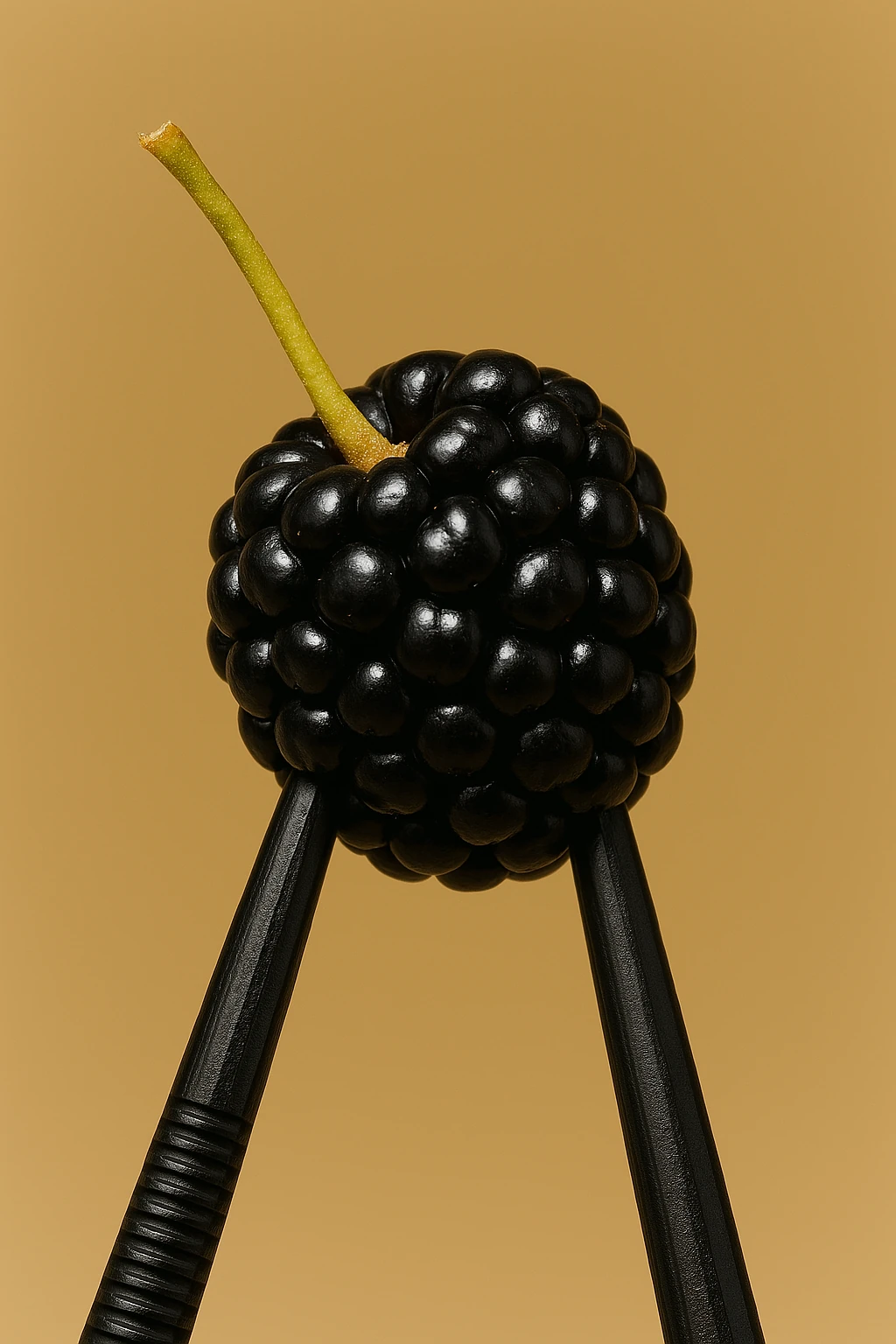 Blackberry held by black chopsticks against a brown background.