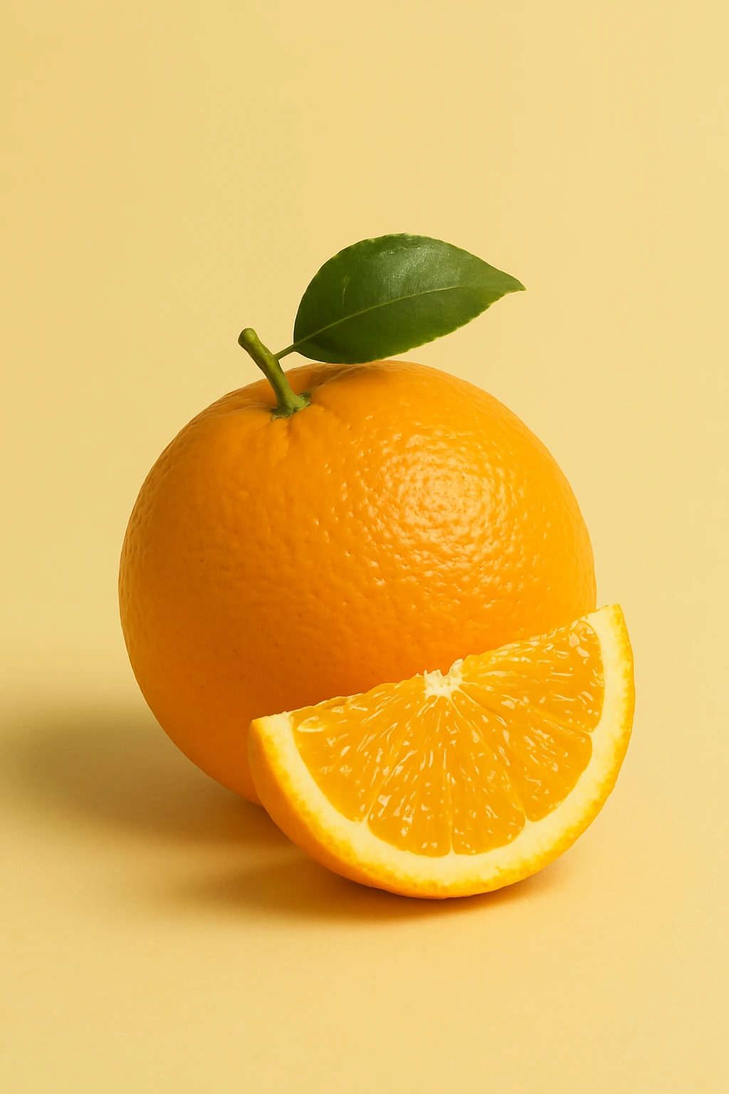 Whole orange with a leaf and a sliced wedge on a yellow background.
