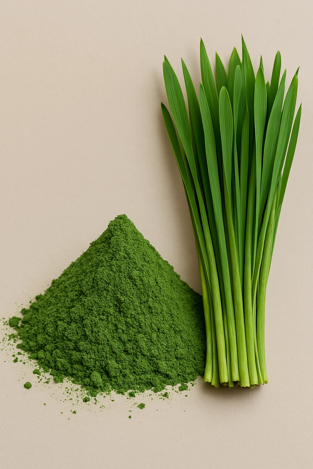 Green powder pile next to fresh green leaves on beige background.