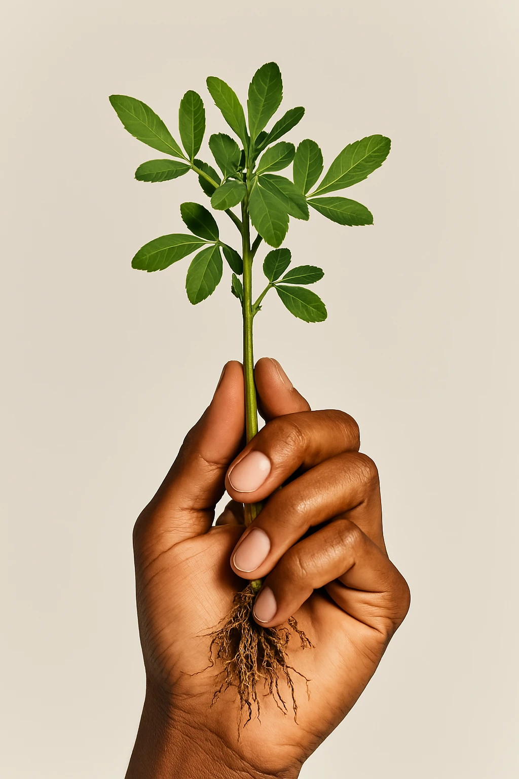 Hand holding a small plant with roots visible.