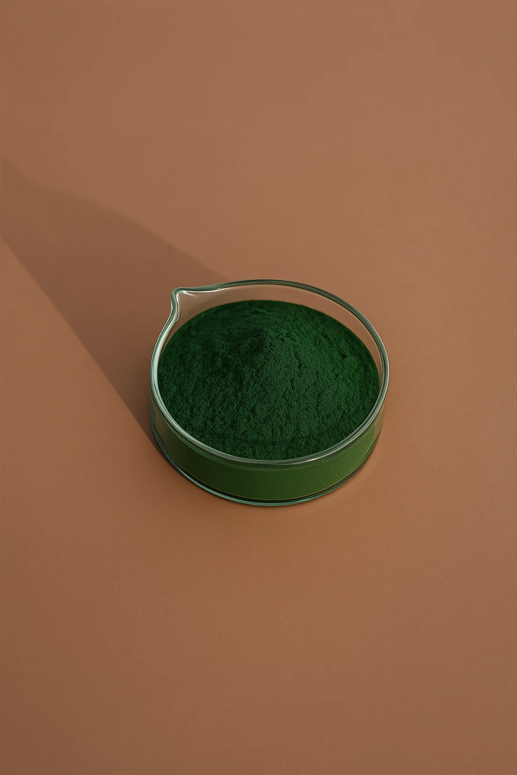Glass dish with green powder on a brown surface.