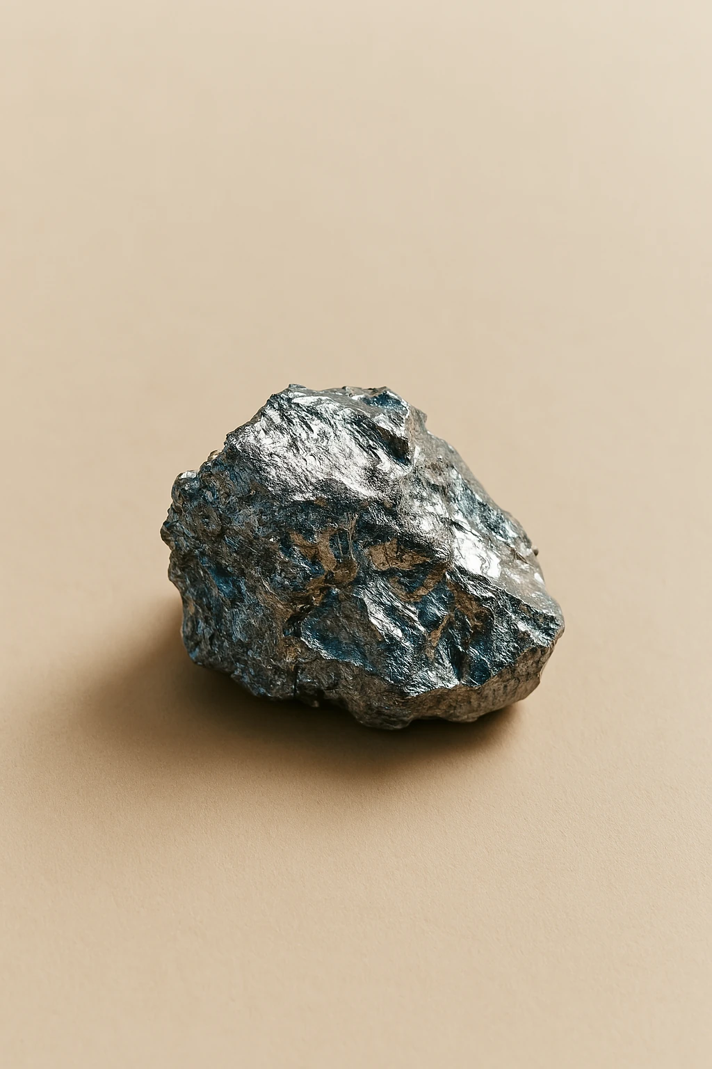 A rough, metallic rock on a beige background.