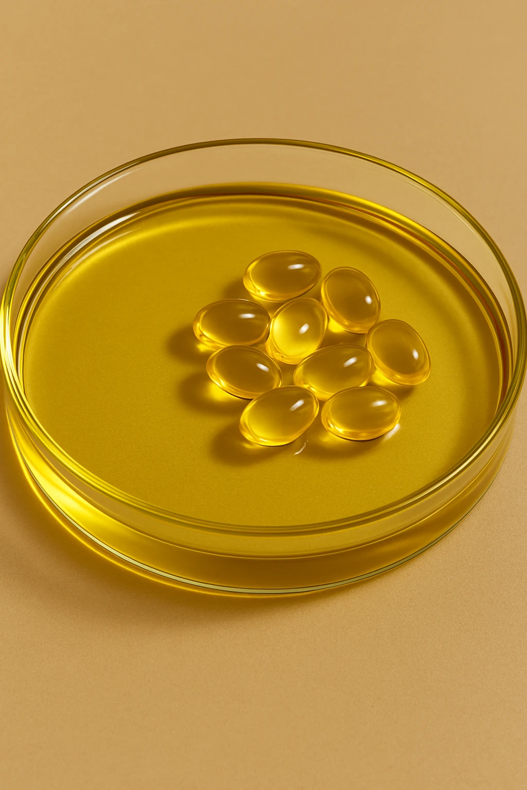 Yellow capsules in a glass dish on a yellow background.