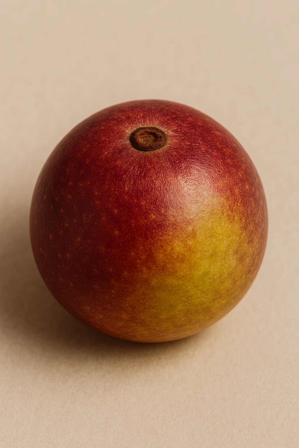 A single round fruit with red and yellow skin on a beige background.